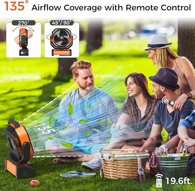 Camping Fan with Light - 20000mAh Rechargeable Battery Tent Fan, 112Hrs Max, 8 Speeds, Digital Display, Timer, Auto Oscillation, 270° Pivot & Hook for Garage, RV, Hurricane, Co-Branded with MORECORE