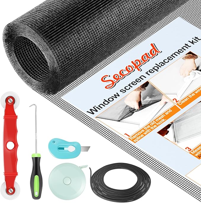 Secopad Window Screen Door Repair Kit, 39" x 78" Screen Door Mesh Replacement Kit, Durable Fiberglass Mesh Roll with Tools for Windows Doors Patio and Porch Replacement, Black