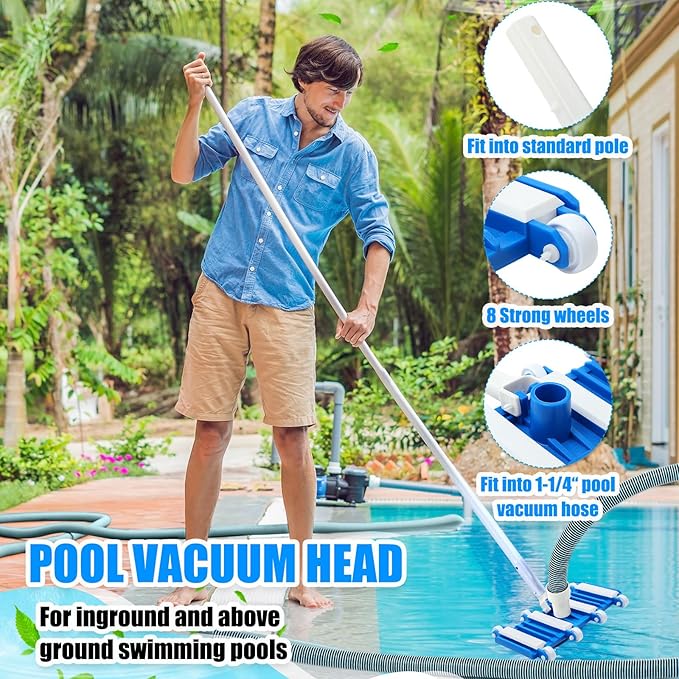 14 Swimming Pool Vacuum Head with Wheels 1-1/4 x 18ft Flexible Vacuum Hoses and Skimmer Net Swimming Pool Cleaner Equipment for Above Ground and Inground Cleaning Supply