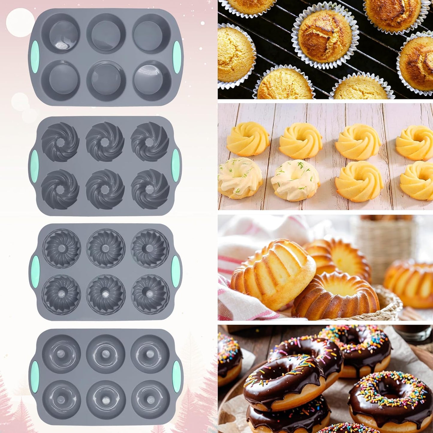 Tongjude Silicone Donut Pans - 8-Piece Nonstick Baking Set | Heat Resistant & Dishwasher Safe, Grey