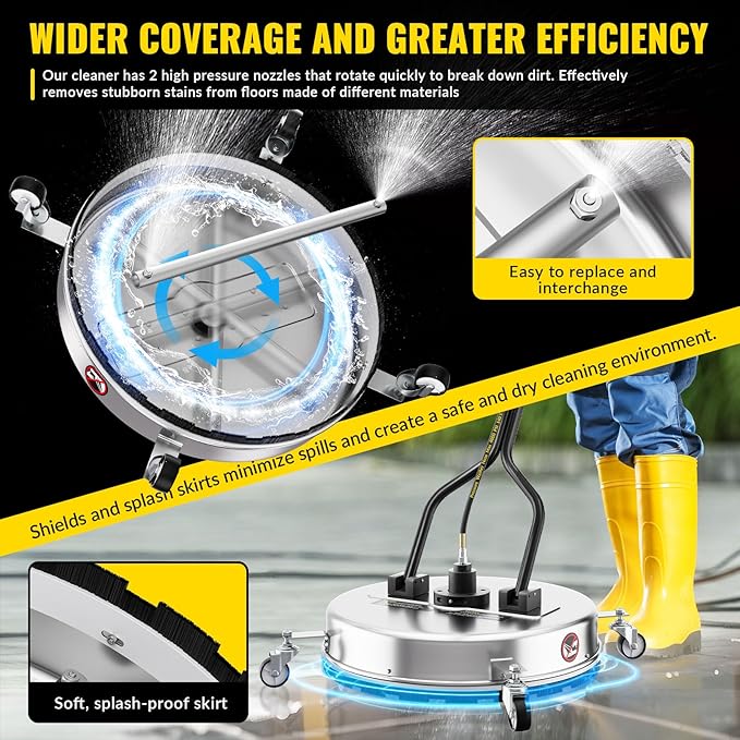22 Inch Pressure Washer Surface Cleaner with 4 Wheels,Dual Handle,Stainless Steel Housing,4500 PSI Power Washer Accessory for Concrete, Patio, Sidewalk, Deck, Driveways and Daily Washing