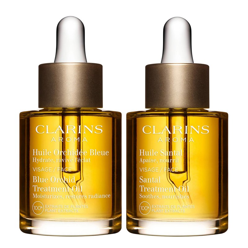 Clarins Blue Orchid Face Treatment Oil and Santal Face Treatment Oil Bundle | Hydrating Face Oil for Dehydrated Skin | Soothing Face Oil for Dry or Very Dry Skin