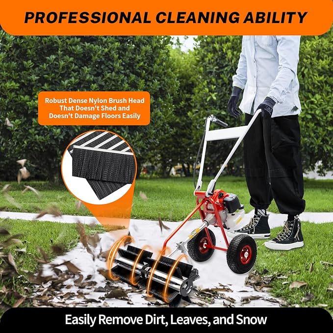 Gas Power Sweeper Broom, 43cc 1.7HP 2-Stroke Handheld Gas Power Held Sweeper Broom Grass Walk Behind Hand Lawn Sweeper with Wheels for Cleaning Driveway Farms Parks Turf