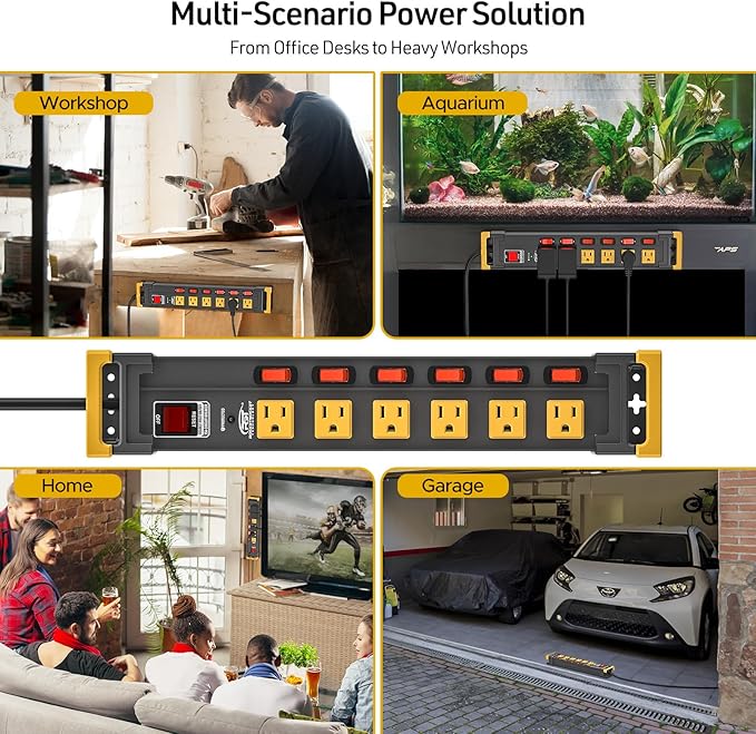 CRST 6-Outlet Heavy Duty Metal Power Strip with Individual Switches, 15A/1875W Wide-Spaced for Bulky Plugs, 6FT Cord with Cable Management, 1020J Surge Protector for Garage, Workshop, Home