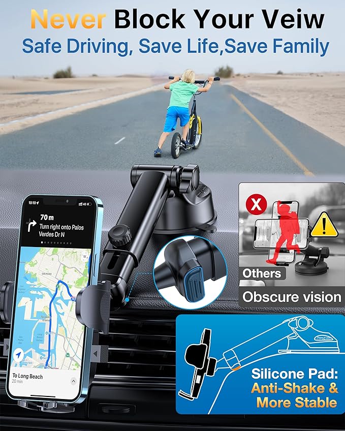 [True Upgrade for Safety] YRU Car Phone Holder Mount [Patent & Military-Grade]Dashboard Cell Phone Holder for Car Vent Windshield Phone Stand for iPhone 17 16 15 14 13 Pro Max Truck Samsung, Dark Blue