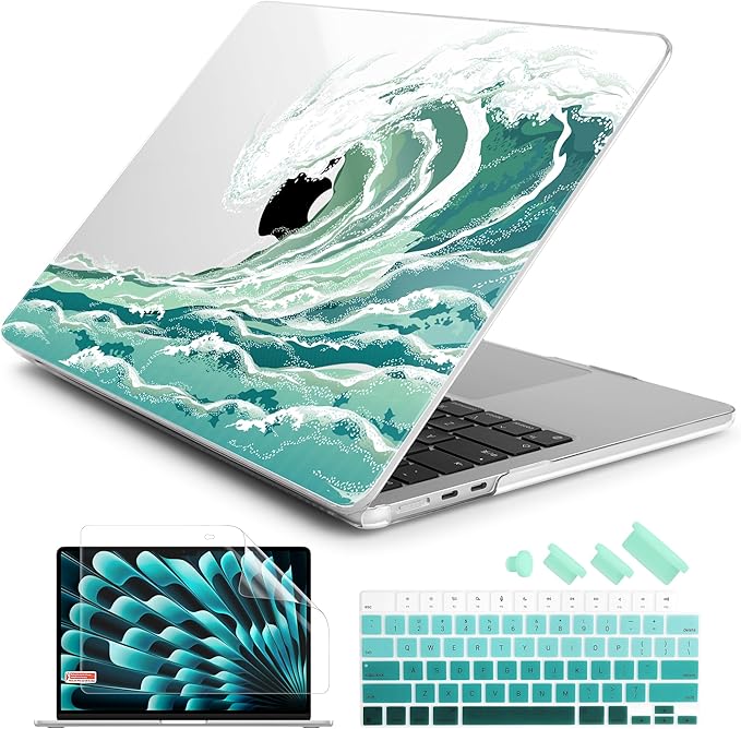 Batianda Premium Case for New MacBook Air 15 inch M5 Chip 2026 M4 2025 M3 2024 M2 2022 Model, Ultra Slim 1.2mm Glossy Protective Plastic Hardshell & Keyboard Cover & Screen Protector, Waves