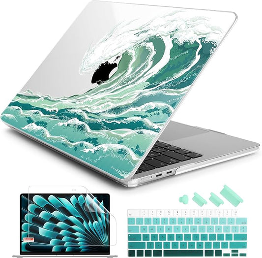 Batianda Premium Case for New MacBook Air 15 inch M5 Chip 2026 M4 2025 M3 2024 M2 2022 Model, Ultra Slim 1.2mm Glossy Protective Plastic Hardshell & Keyboard Cover & Screen Protector, Waves