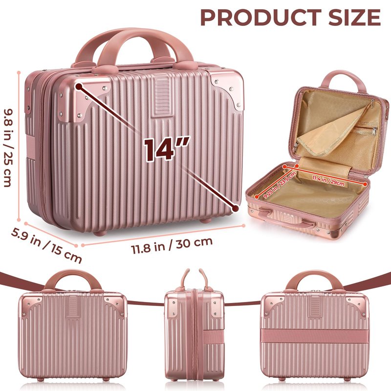 Noverlife 14 Inch Portable Makeup Travel Case Hand Luggage, Pressure-proof ABS Carrying Makeup Case Suitcase with Elastic Band, Small Hard Shell Cosmetic Case for Travel Camping Women Girl - Rose Gold