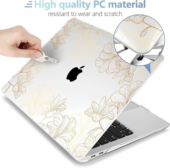 MEEgoodo for MacBook Air 13 inch Case 2021 2020 2019 2018 Released A2337 M1 A2179 A1932 with Touch ID, Plastic Hard Shell & Keyboard Cover Compatible with MacBook Air 13.3, Drawn Golden Floral