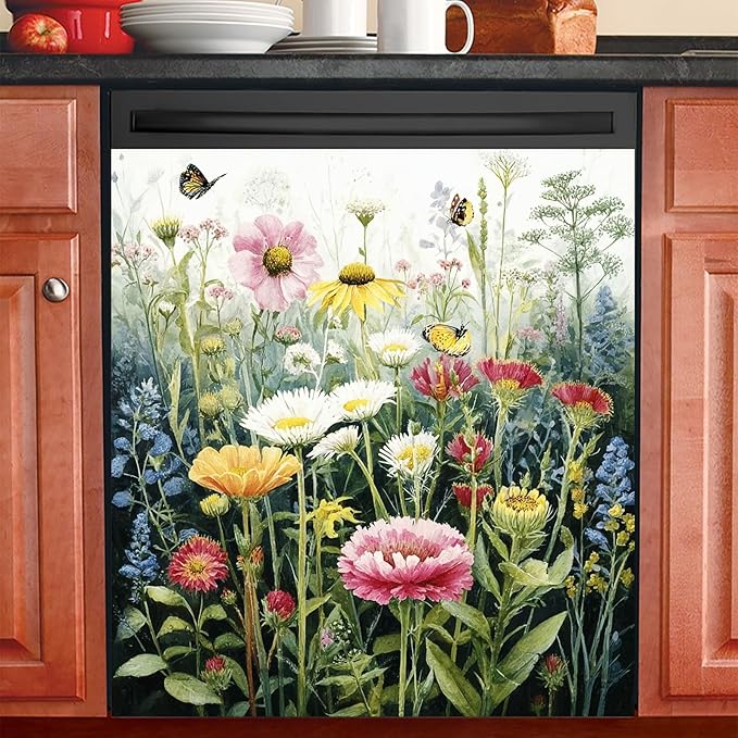 Dishwasher Magnet Cover 23x26 in Wildflower and Butterfly Scene Dishwasher Magnet Cover for Kitchen Appliance Decoration Front Panel Sticker Rustic Art Skin Panel Home Decor Decal