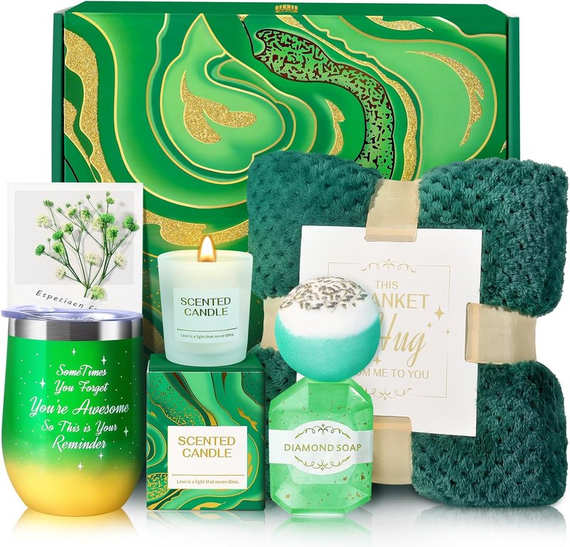 Relaxing Spa Gift Basket for Women - Flannel Blanket & Essentials | Perfect Birthday, Thank You, Get Well Soon Gift (Green)