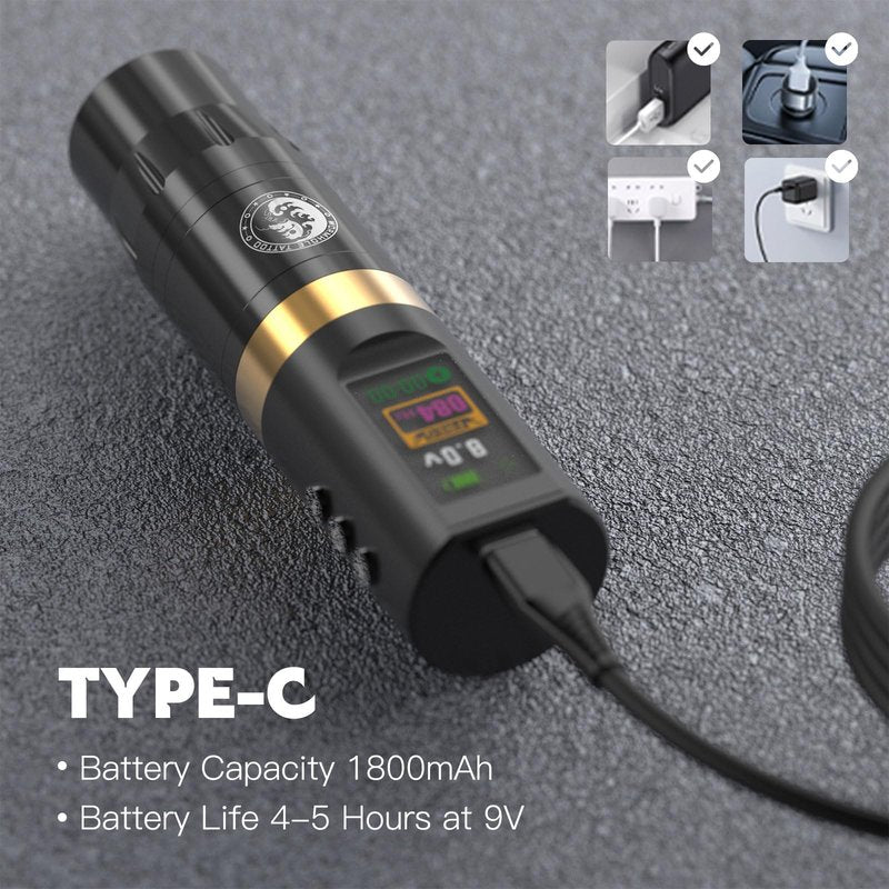 Wormhole Tattoo 58Pcs Complete Tattoo Gun Kit - Aluminum Alloy LED Smart Tattoo Pen Wireless Tattoo Machine with 1800mAh Battery for Tattoo Beginners - Black WTK313