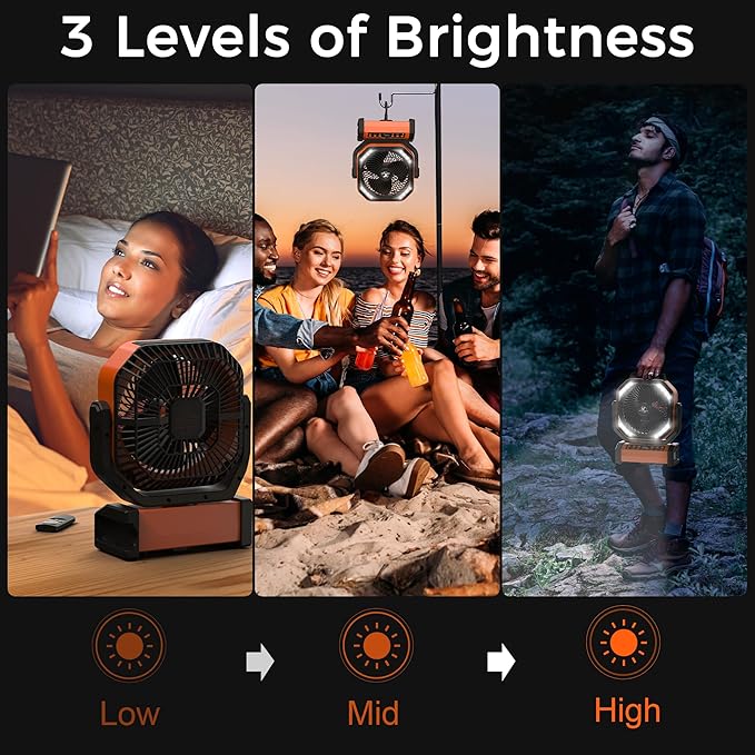 Camping Fan with Light - 20000mAh Rechargeable Battery Tent Fan, 112Hrs Max, 8 Speeds, Digital Display, Timer, Auto Oscillation, 270° Pivot & Hook for Garage, RV, Hurricane, Co-Branded with MORECORE