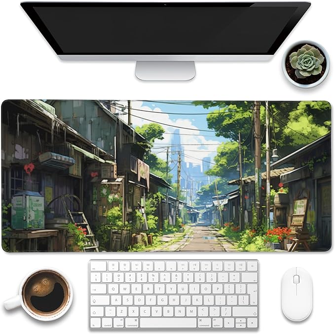 Eflxamz Anime Abandoned Town Desk Mat, Large Gaming Mouse Pad with Non-Slip Base and Stitched Edge, 35.4"x15.7"