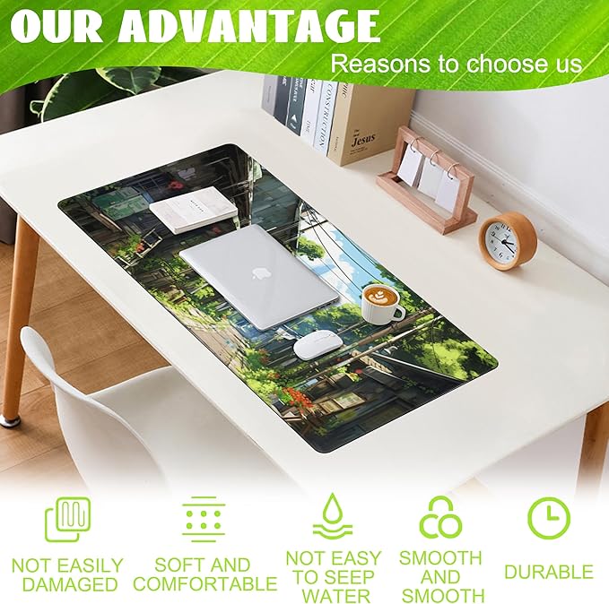 Eflxamz Anime Abandoned Town Desk Mat, Large Gaming Mouse Pad with Non-Slip Base and Stitched Edge, 35.4"x15.7"