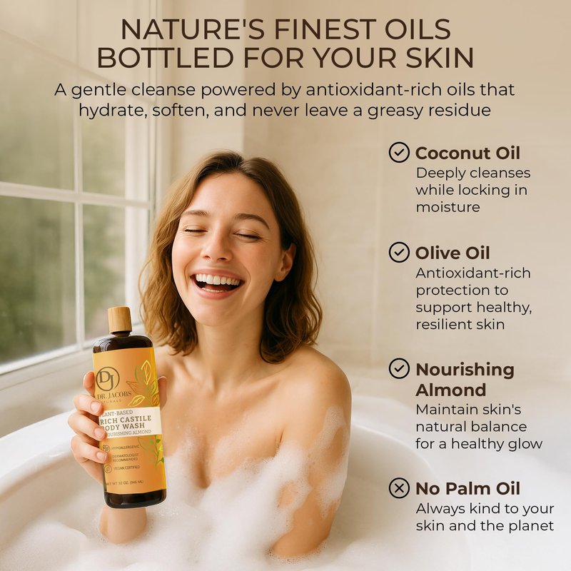 Dr. Jacobs Naturals Pure Castile Soap Liquid Body Wash, Almond - Plant Based Castile Soap Infused with Vitamin E and Aloe Vera to Moisturize Dry and Sensitive Skin - Made in The USA - 32 oz, Pack of 2