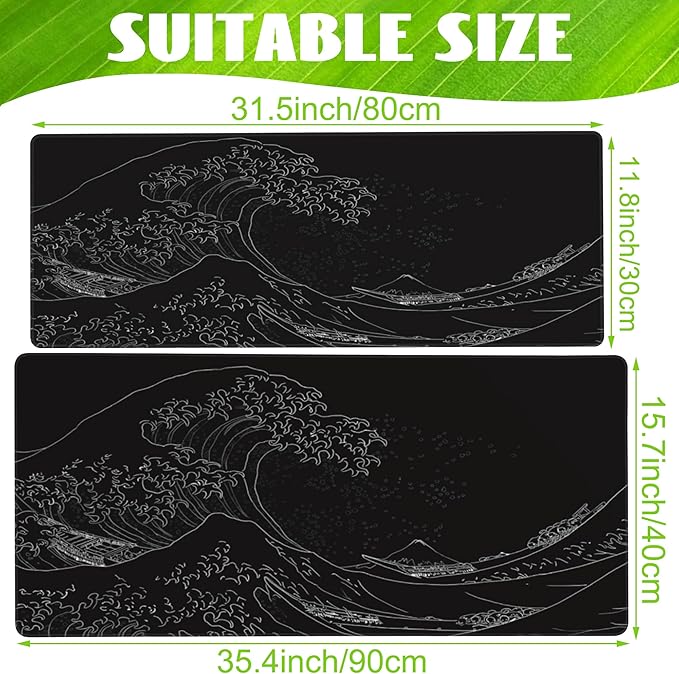 Eflxamz Desk Mat,Black Japanese Sea Wave Desk Pad,Japanese Sea Wave Large Gaming Mouse Pad for Desk,Extended Big Computer Keyboard Mouse Pad with Non-Slip Base and Stitched Edge,31.5"x11.8"