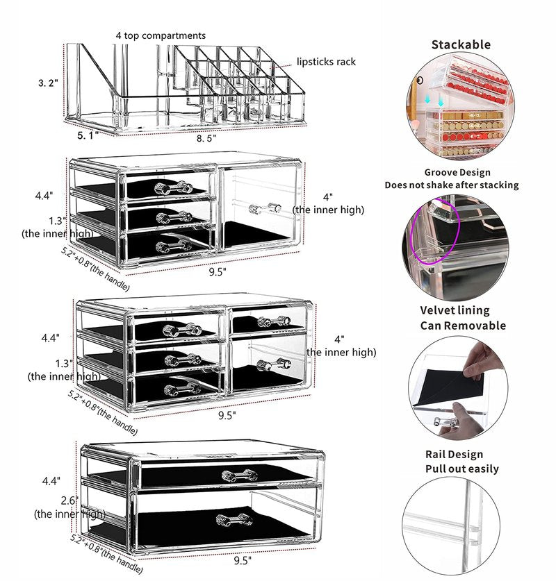 Cq acrylic Makeup Organizer Skin Care Large Clear Cosmetic Display Cases Stackable Storage Box With 11 Drawers For Vanity,Set of 4