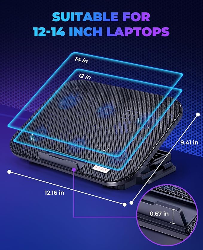 HAVIT 6 Fans Laptop Cooling Pad with 6 Adjustable Heights for 12.2-14.1 Inch Laptops, Quiet Cooling Stand with Phone Holder and Dual USB Ports for Efficient Heat Dissipation