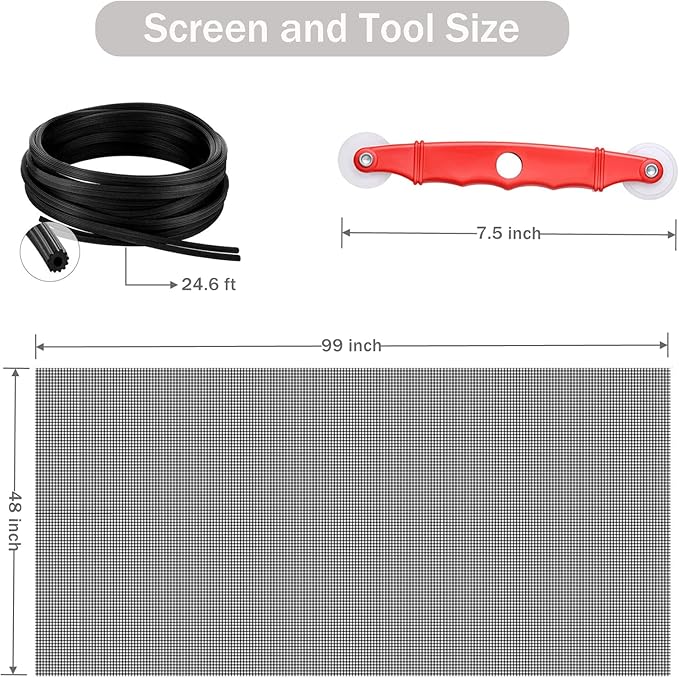 SAKURRY Window Screen Replacement Kit, 48'' x 99'' Fiberglass Screen Mesh with Rolling Tool and Screen Retainer Spline, DIY Adjustable Screen Door Mesh for Window, Door and Patio, Black