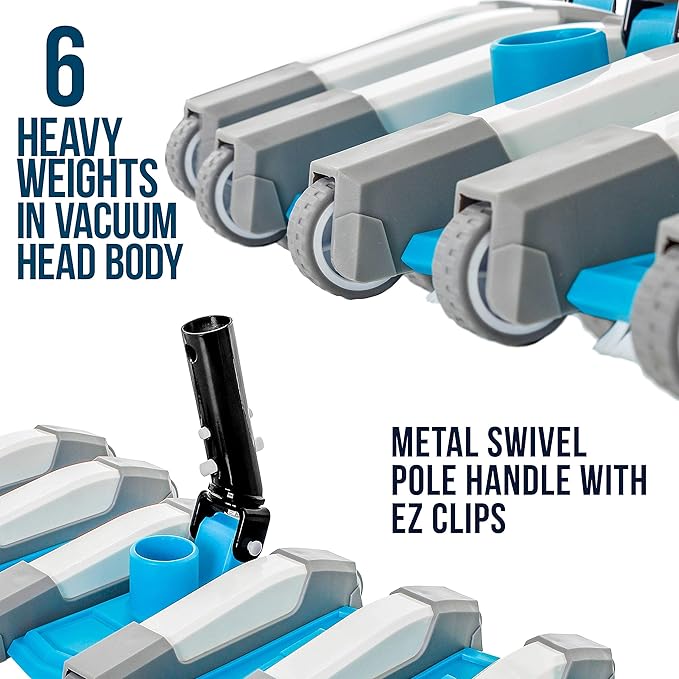 U.S. Pool Supply 23" Manual Pool Vacuum Head for Inground Pools, Extra-Wide, Side Brushes, Flexible, Weighted - Swivel Direction-Control Metal Pole Handle - 7lbs 6 Weights, 12 Wheels, Attach 1.5" Hose