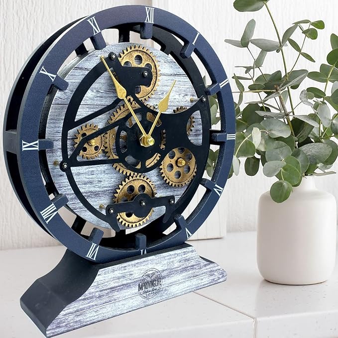ImprovingLife The Gears Clock Desk Clock 10 inches with Real Moving Gears Convertible into Wall Clock (Silver Glamour)