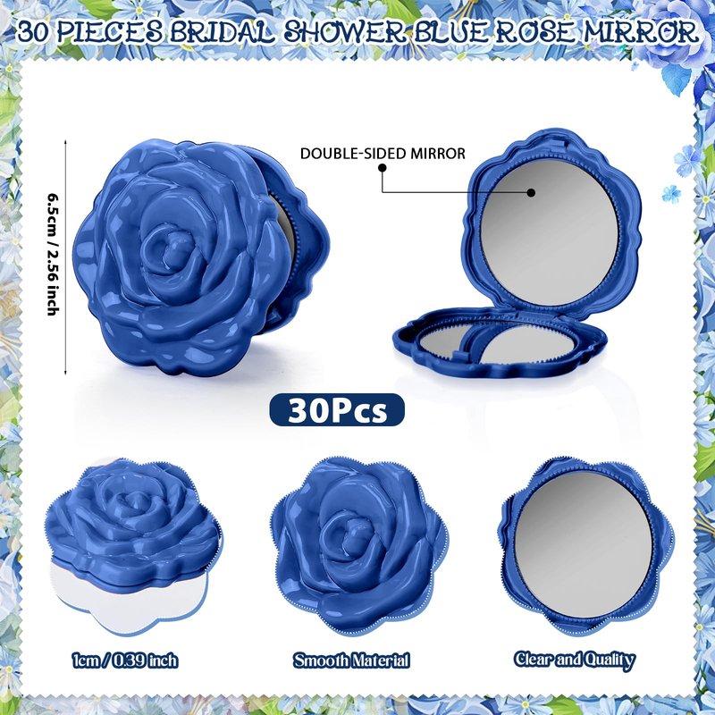 XunYee 30 Sets Rose Compact Mirror Bulk Bridal Shower Favors for Guests Mother's Day Souvenir Gifts Hair Ties Elastic Scrunchies, Thank You Card and Organza Bags for Wedding Quinceanera(Dusty Blue)