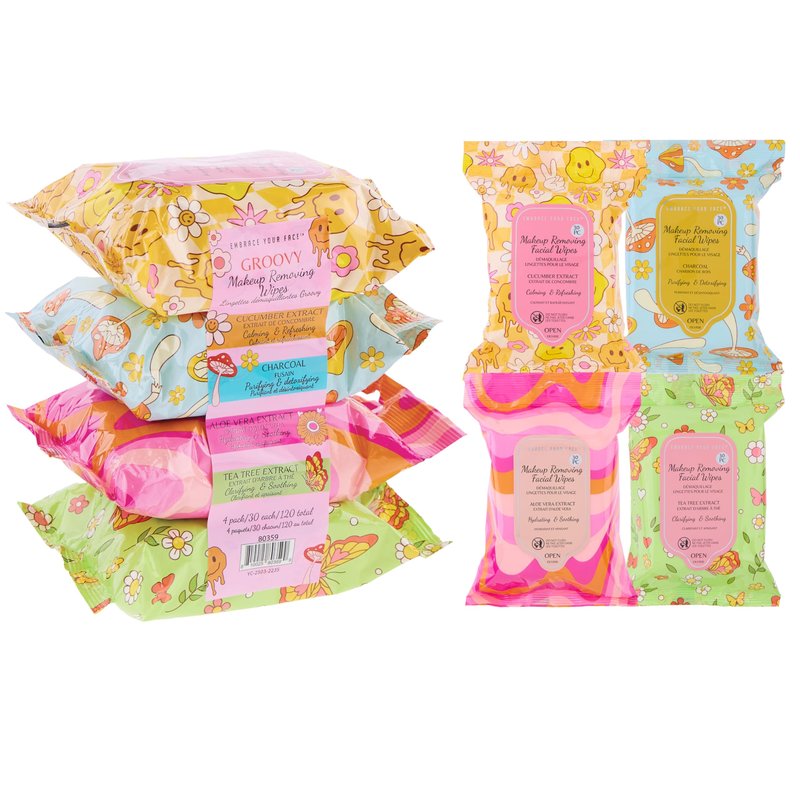 120pc Makeup Removal Wipes Variety Set | 4-Pack Groovy Botanical Makeup Remover Facial Cleansing Towelettes with Charcoal, Tea Tree, Cucumber, & Aloe Vera