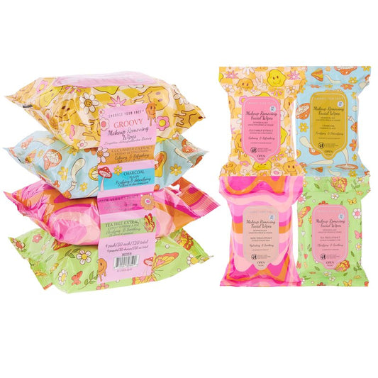 120pc Makeup Removal Wipes Variety Set | 4-Pack Groovy Botanical Makeup Remover Facial Cleansing Towelettes with Charcoal, Tea Tree, Cucumber, & Aloe Vera