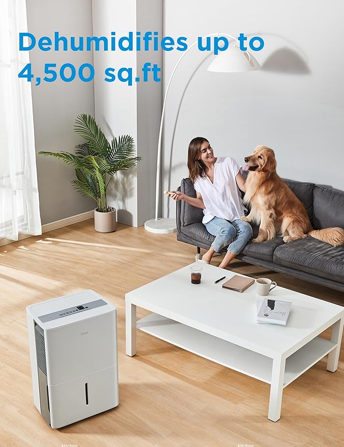 Midea 4,500 Sq. Ft. Dehumidifier With Pump Included, 50 Pint - Ideal For Basements, Large & Medium Sized Rooms, And Bathrooms (White)