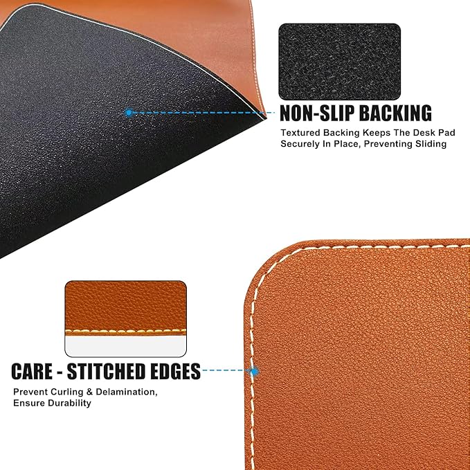 ERGO COLLECT Desk Mat with Lip & Reinforced Stitched Edge|Non-Slip Waterproof PU Leather Desk Pad|Ergonomic Keyboard Mouse Pad with Edge Protector|for Office, Home, Study(23.6" x 16.5",Brown)