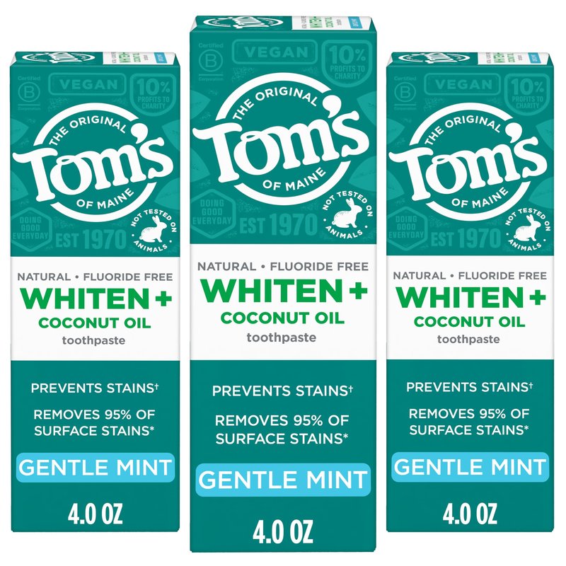 Tom’s of Maine Whiten Plus Coconut Oil Fluoride Free Toothpaste, Natural Whitening Toothpaste with Plant-Based Cleansers, Whitens Without Causing Sensitivity, Gentle Mint, 4.0 Oz (Pack of 3)
