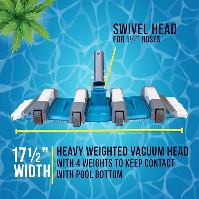 U.S. Pool Supply 17.5" Heavy Duty Weighted Flexible Concrete Swimming Pool Vacuum Head with Side Brushes and EZ Clip Handle - Professional Grade - Faster Cleaning, Easier Debris Removal, Clean Walls