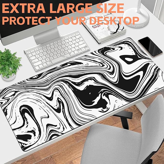 NIYLYNSYN Mouse Pad Large Black and White Fluid Non-Slip Gaming Desk Mat with Stitched Edge Laptop Keyboard Desk Pad for Work Home Gaming (35.4 x 15.7 Inches)