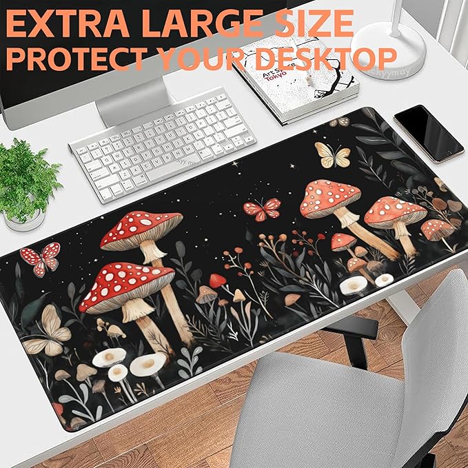 NIYLYNSYN Mouse Pad Large Magical Fantasy Mushroom Non-Slip Game Desk Mat with Stitched Edge Laptop Keyboard Desk Pad for Work Home Gaming (35.4 x 15.7 Inches)
