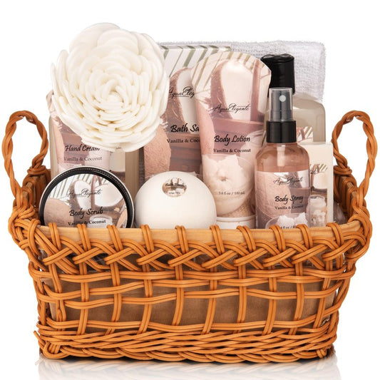 Aqua Elegante Spa Basket For Women - Deluxe Bath Set with Wash, Bubble Bath, Lotion, Salts, Body Scrub, Towel, Shower Puff, Bathbombs, Reusable Basket, Gifts for Mom, Wife, Her - Honey & Lavender