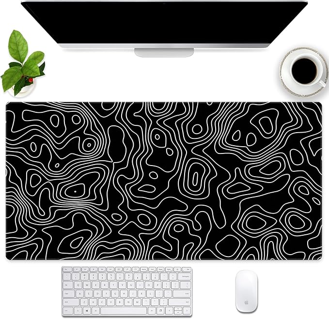 Black and White Topographic Desk Mat, Large Gaming Mouse Pad 31.5x15.7