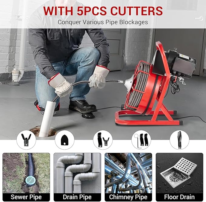 Drain Cleaner Machine, 75FT x 1/2 Inches Electric Drain Snake, 370W Auto Feed Sewer Snake Auger, Sewer Snake with 4 Cutters and Pneumatic Foot Switch, for 1" to 4" Pipes, High Armrests for Sinks