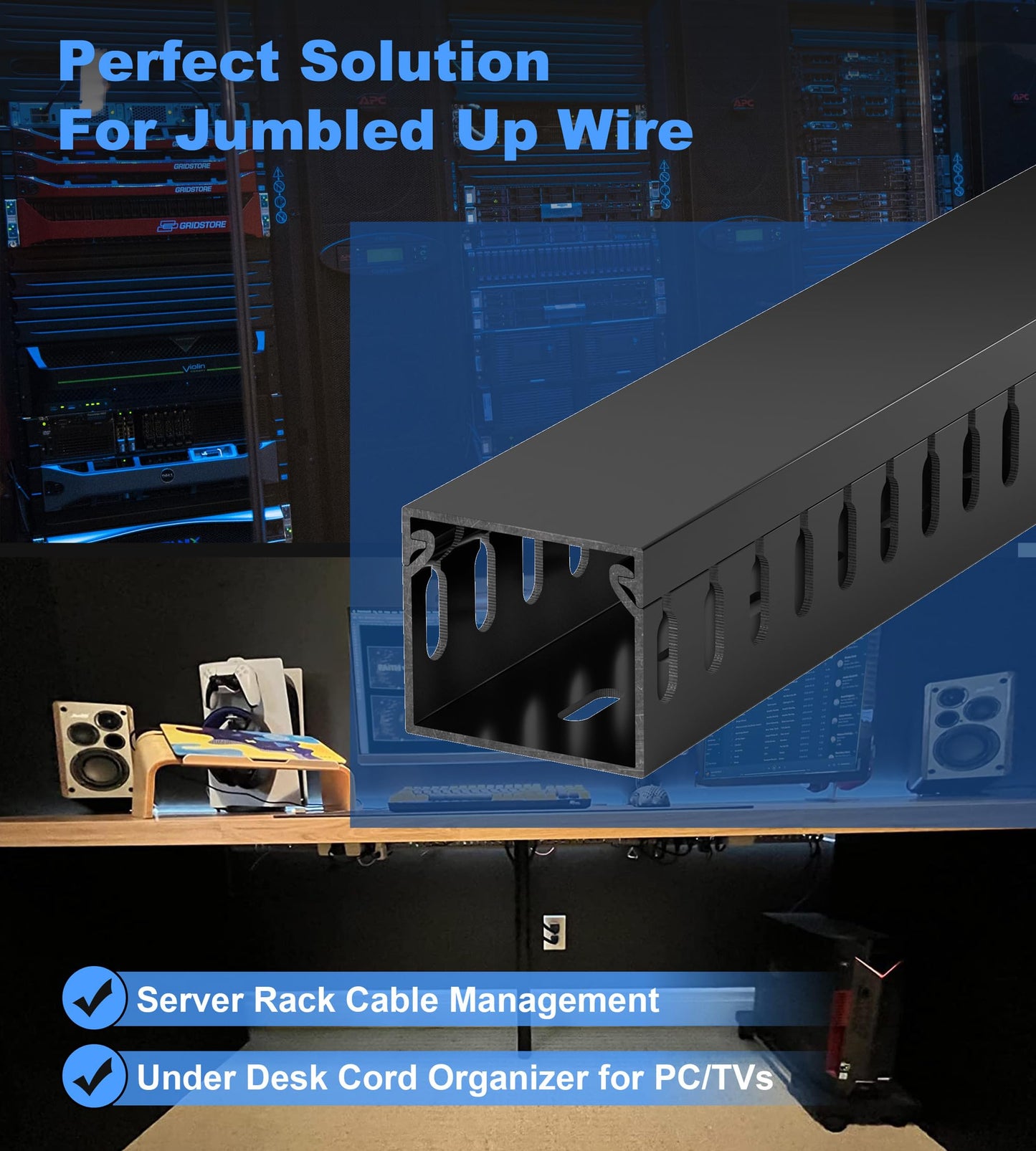 ZhiYo H1.4 W1.6in Professional Server Rack Cable Management Raceway, 66in (4X L16.5in) Cable Raceway Kit, Electrically Safe PVC Open Slot Wire Raceway for Under Desk/Computer/Network Cords, Black