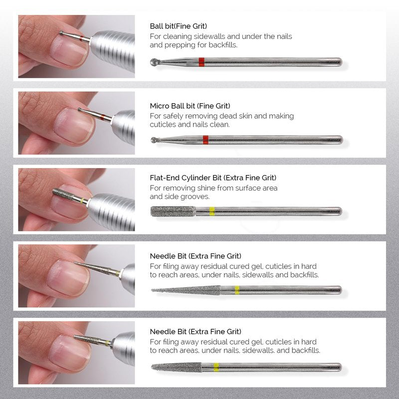 MelodySusie 10pcs Nail Drill Bits Set, 3/32 Inch Diamond Cuticle Nail Bits Kit for Nail Drill E-File, Manicure Pedicure Remover Tools for Acrylic Gel Nails, Salon Home Nail Care Supplies, Silver