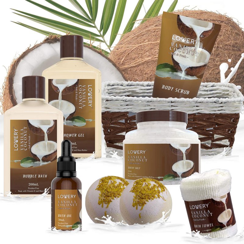 Gifts For Women Gift Basket for Women– 9 Piece Set of Vanilla Coconut Home Spa Set, Luxurious Gifts for Her, Bath and Body Sets Includes Fragrant Lotions, Large Bath Bombs, Coconut Oil