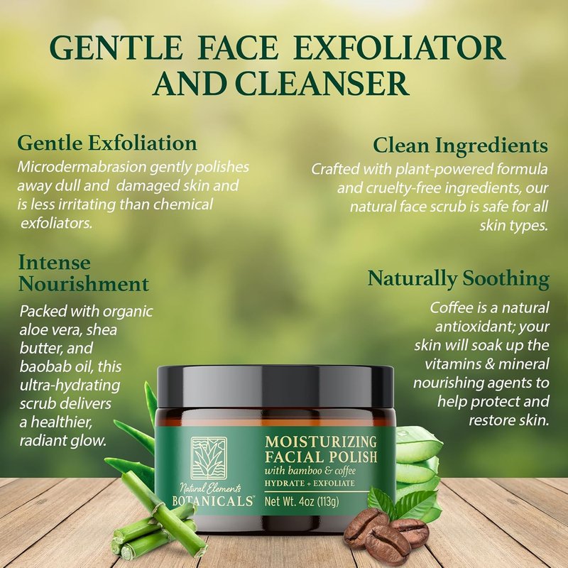 Moisturizing Facial Polish - Gentle 2-in-1 Face Scrub with Bamboo & Coffee | Hydrating Exfoliator, 4 oz