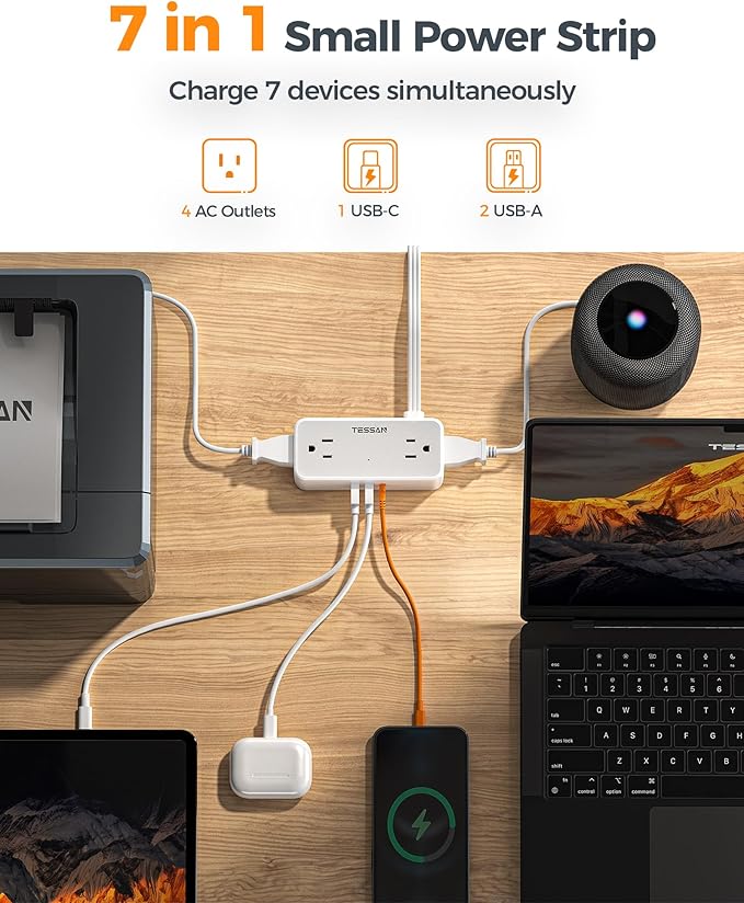 TESSAN Flat Plug Extension Cord 5 FT, Surge Protector Power Strip with 4 AC Outlets 1 USB C and 2 USB A Ports, 900 Joules Protection, Multiple Wall Outlet Extender Suitable for Office Dorm, Grey