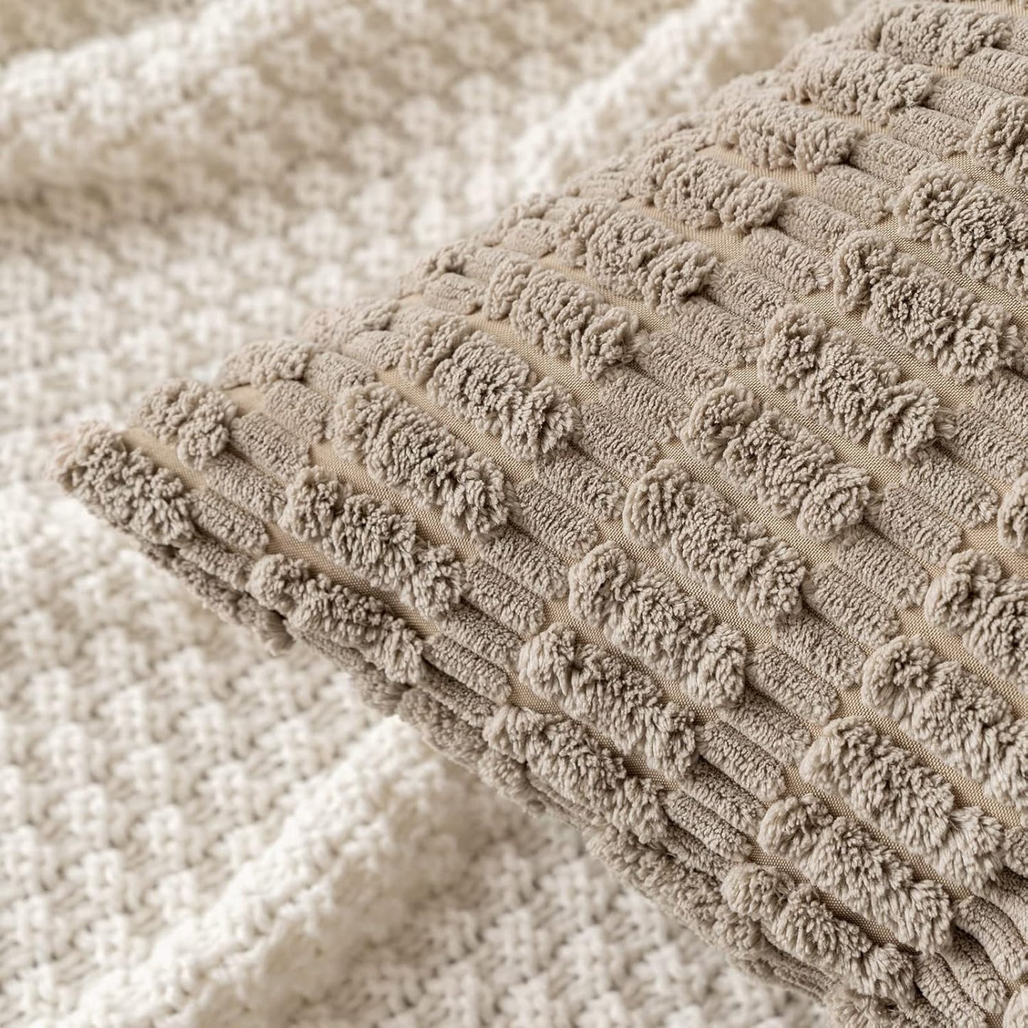 MIULEE Decorative Lumbar Throw Pillow Covers - Soft Boho Striped Design | 20x12 Inch Light Brown for Sofa & Living Room