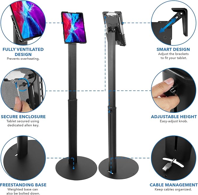 Mount-It! Anti-Theft Universal Tablet Floor Stand Kiosk, Locking Enclosure for iPad, Galaxy Tab & Surface Pro 9.7"–13.1", Height Adjustable 27.5"–47", Commercial Kiosk Stand, Black