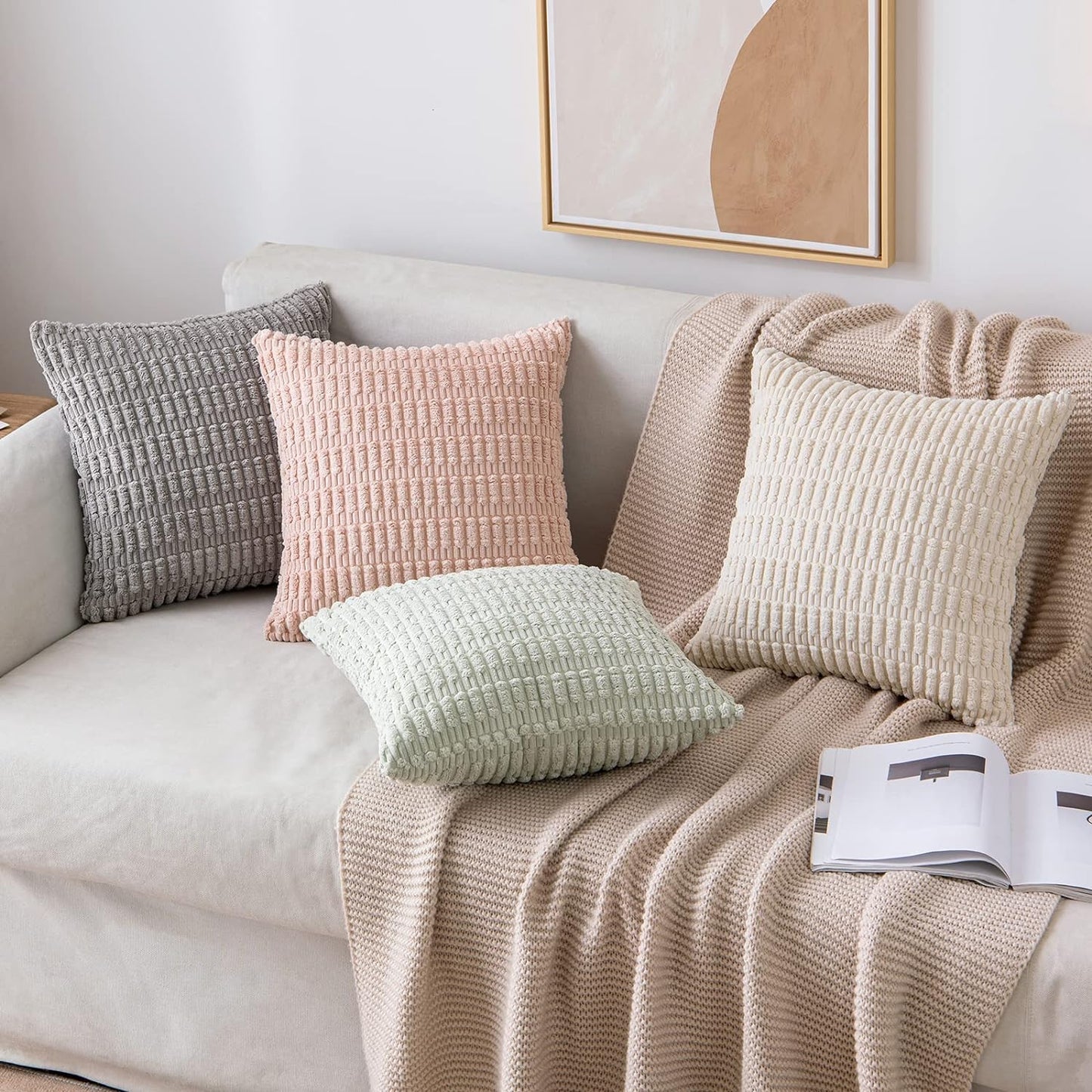 MIULEE Corduroy Throw Pillow Covers - Soft Boho Striped Design, 12x12 Inch, Cream White | Modern Farmhouse Decor