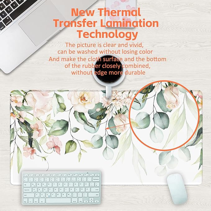 KOAIWPAE Desk Mat, Watercolor Pink Flowers Desk Pad, Green Leaves Flowers Large Gaming Mouse Pad for Desk, 31.5"x15.7" Extended Big Computer Keyboard Mouse Pad with Non-Slip Base and Stitched Edge