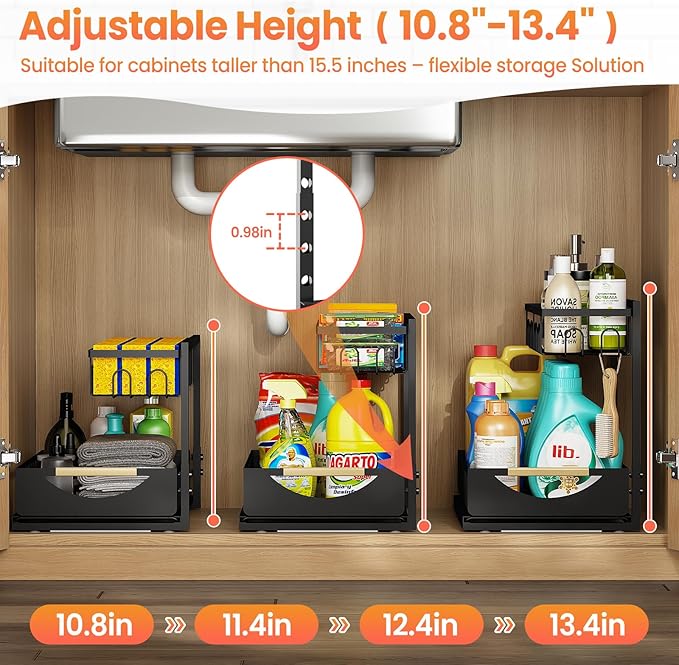 Under Sink Organizer and Storage for Bathroom and Kitchen - 2 Pack 2 Tier Under Cabinet Pull Out Shelf Organizers - Sliding Out Drawer Organization for Home Cabinets Shelves and Drawers