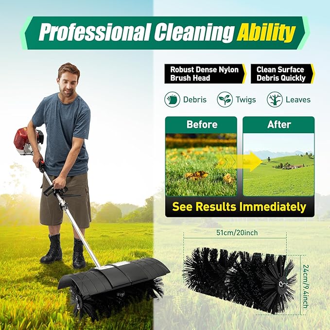 Gas Power Sweeper Handheld Nylon Broom 2.3HP 52CC 2 Stroke Engine Power Snow Sweeping Broom Cleaner Tools for Cleaning Driveway Turf Lawns Artificial Grass