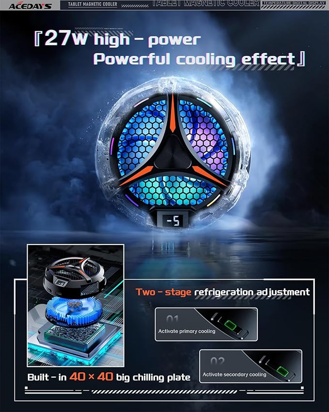 ACEDAYS iPad Cooler,Magnetic Tablet Cooler for ipad/Surface pro/Samsung Tab,Universal Radiator with Temperature Display for Mobile Gaming,Tiktok Live Streaming(Including Tablet Stand Holder)